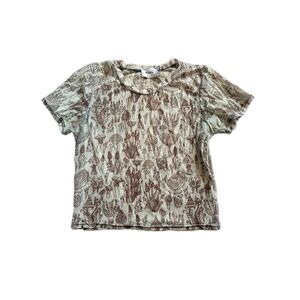 WoWo Women’s Tan Mesh Top • Brown Mushroom Print • Lightweight  Cottagecore Cute